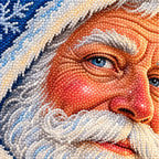 Close-up diamond drill detail of a blue-robed Santa beneath northern lights over snowy mountains artwork