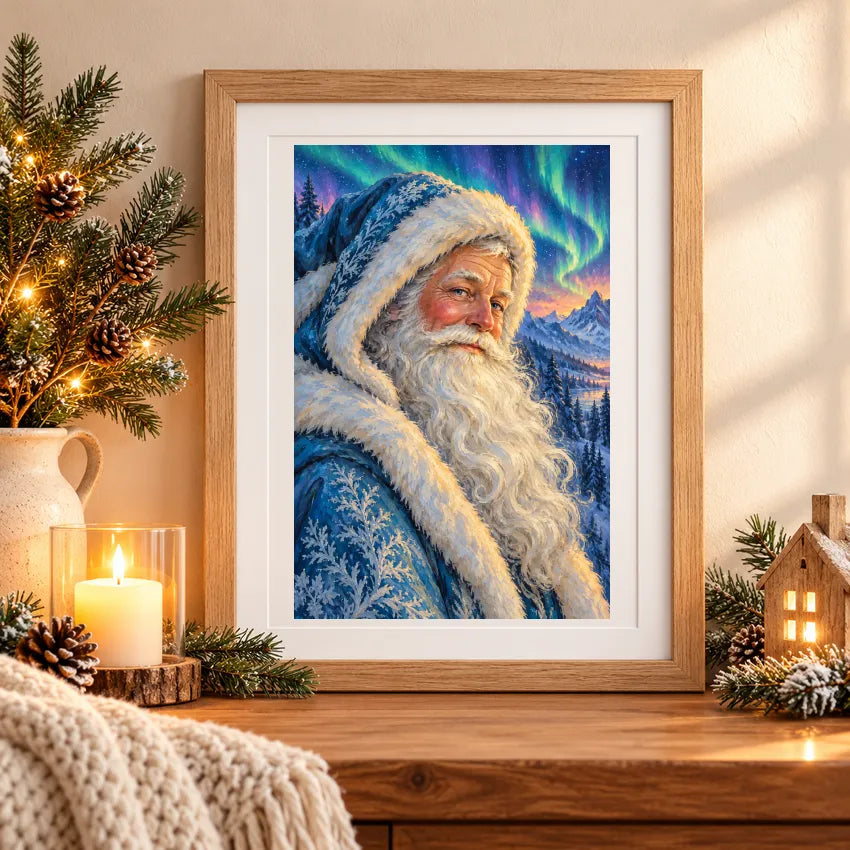 Framed a blue-robed Santa beneath northern lights over snowy mountains diamond painting displayed as home decor