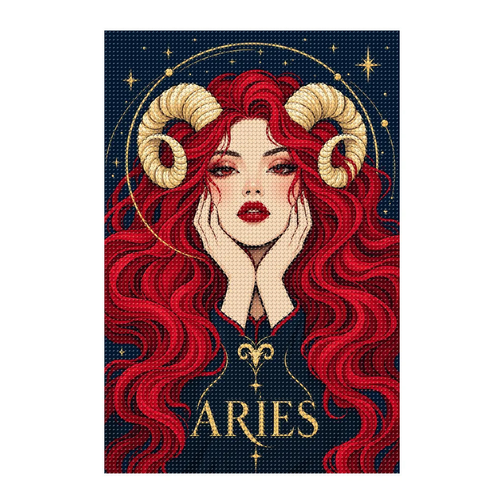 Finished white-background diamond painting of Aries Ember Ram Oracle
