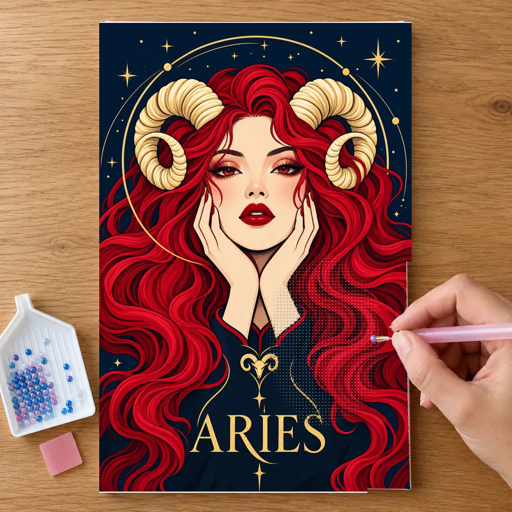 Hands placing drills on the Aries Ember Ram Oracle diamond painting canvas
