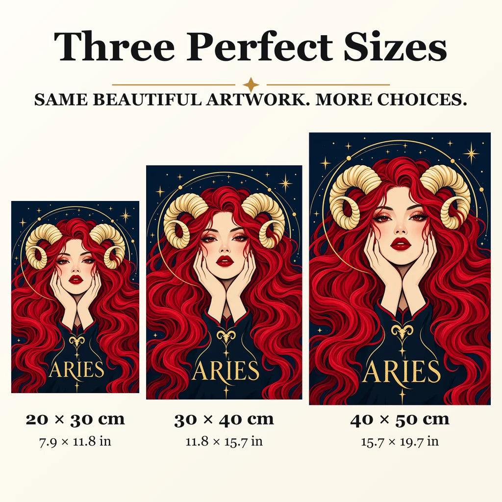 Aries Ember Ram Oracle diamond painting in 20 by 30, 30 by 40, and 40 by 50 centimeter sizes