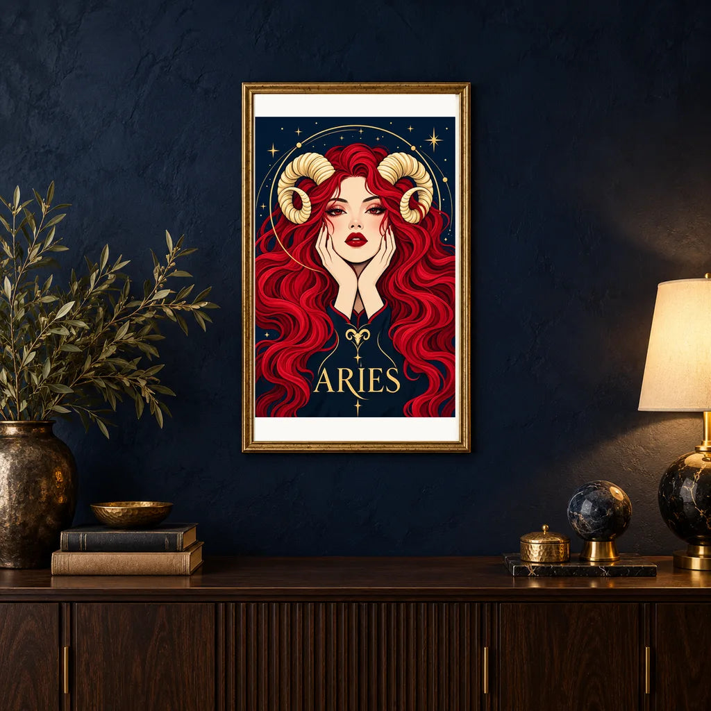 Framed Aries Ember Ram Oracle diamond painting displayed in a home interior