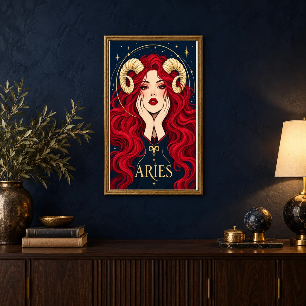 Framed Aries Ember Ram Oracle diamond painting displayed in a home interior
