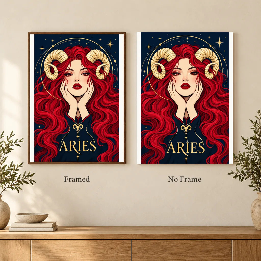 Framed and no-frame options for the Aries Ember Ram Oracle diamond painting