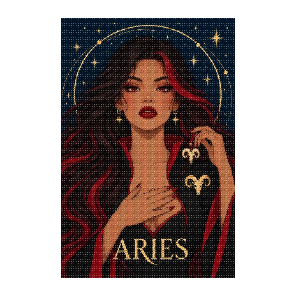Finished diamond painting of the crimson-haired Aries guardian and golden ram emblem on white.