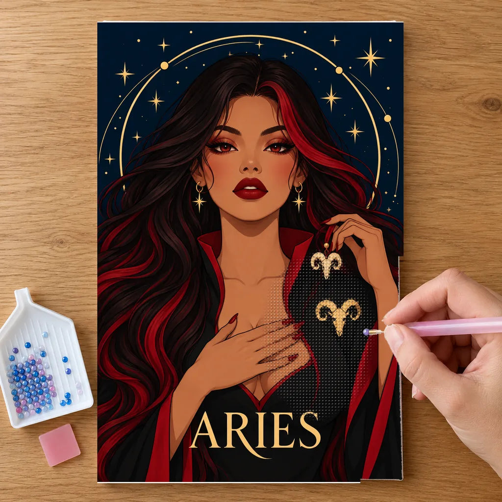 Hands placing drills on the Aries Crimson Horn Guardian diamond painting canvas