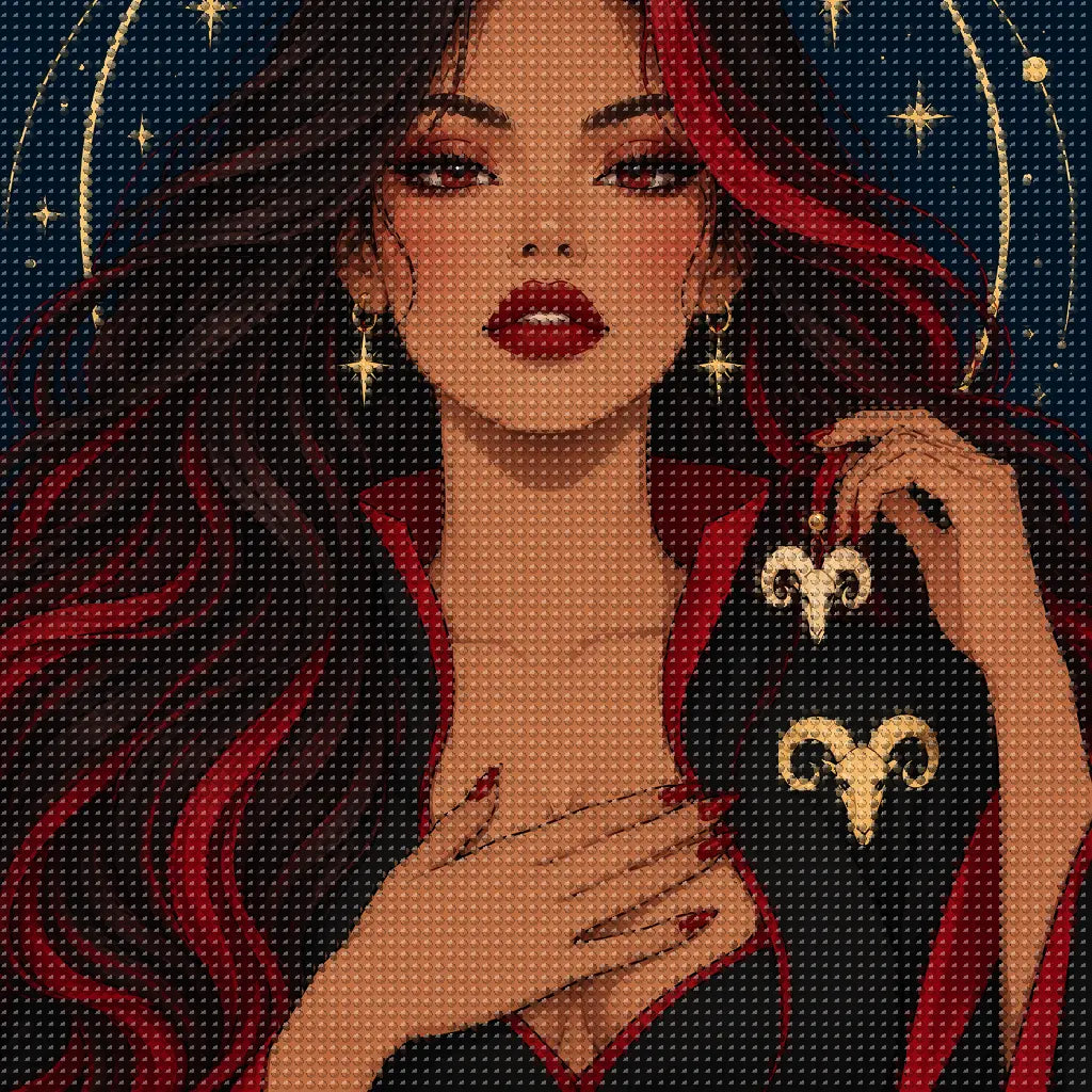 Close-up detail of diamond drills in the Aries crimson horn guardian design.