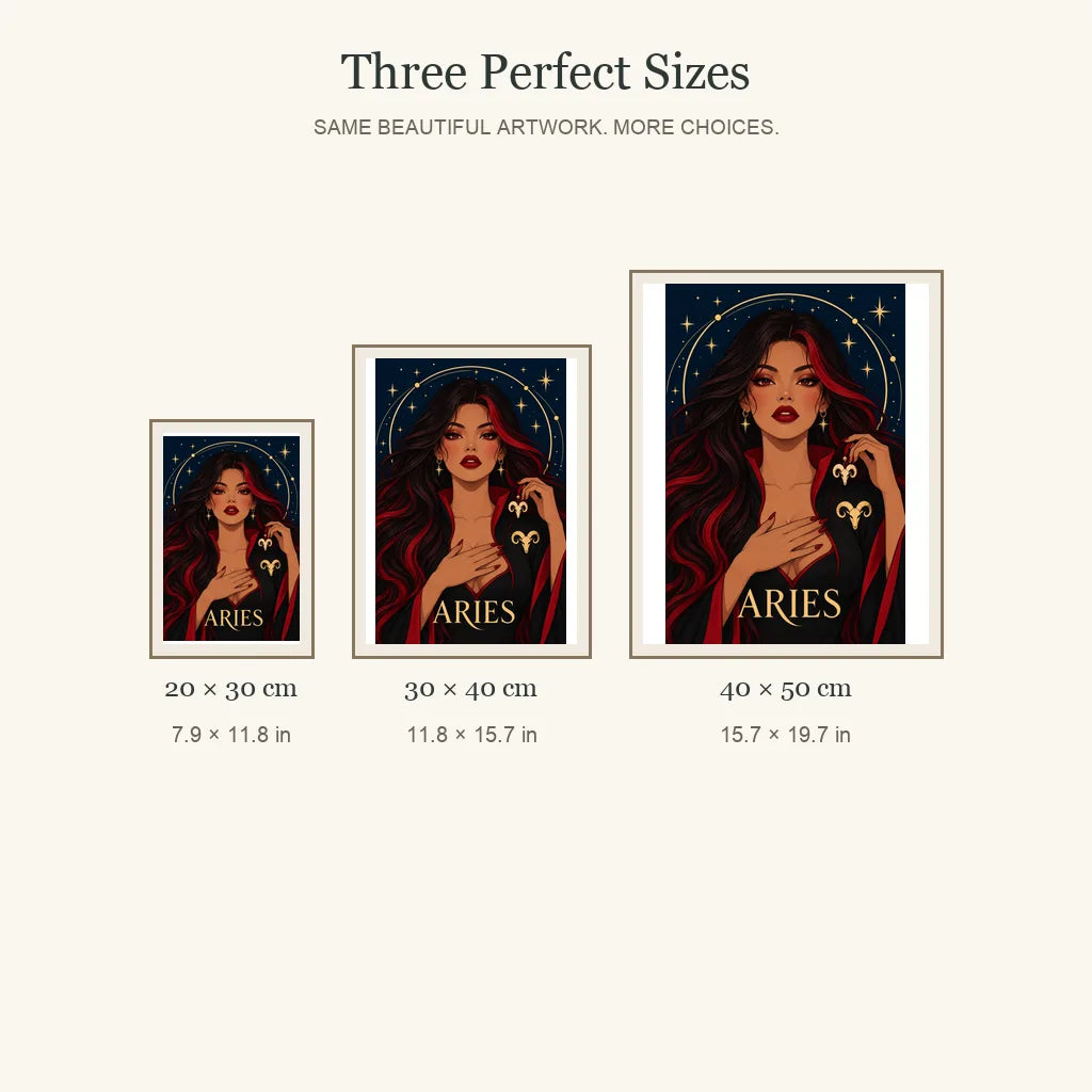 Aries Crimson Horn Guardian diamond painting in 20 by 30, 30 by 40, and 40 by 50 centimeter sizes
