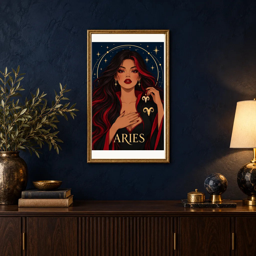 Framed Aries Crimson Horn Guardian diamond painting displayed in a home interior