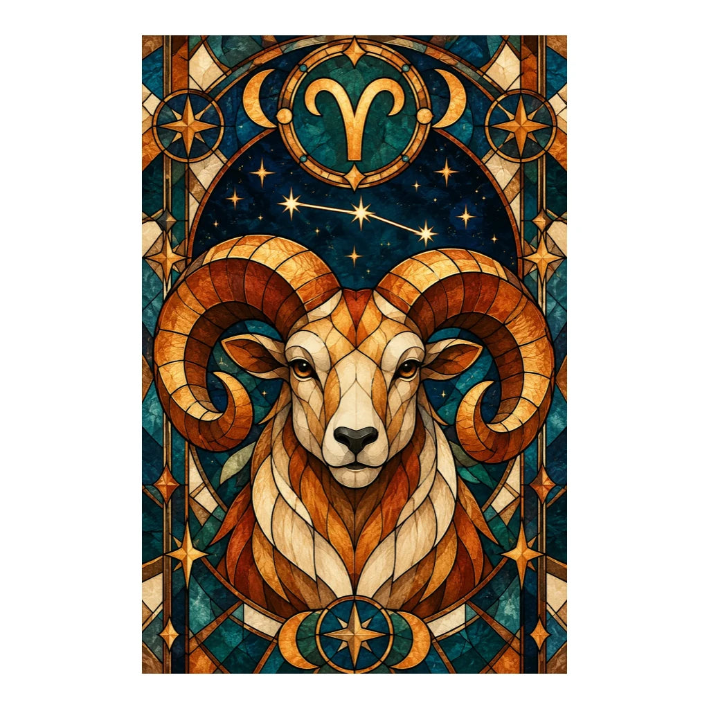 Original white-background stained glass Aries ram artwork