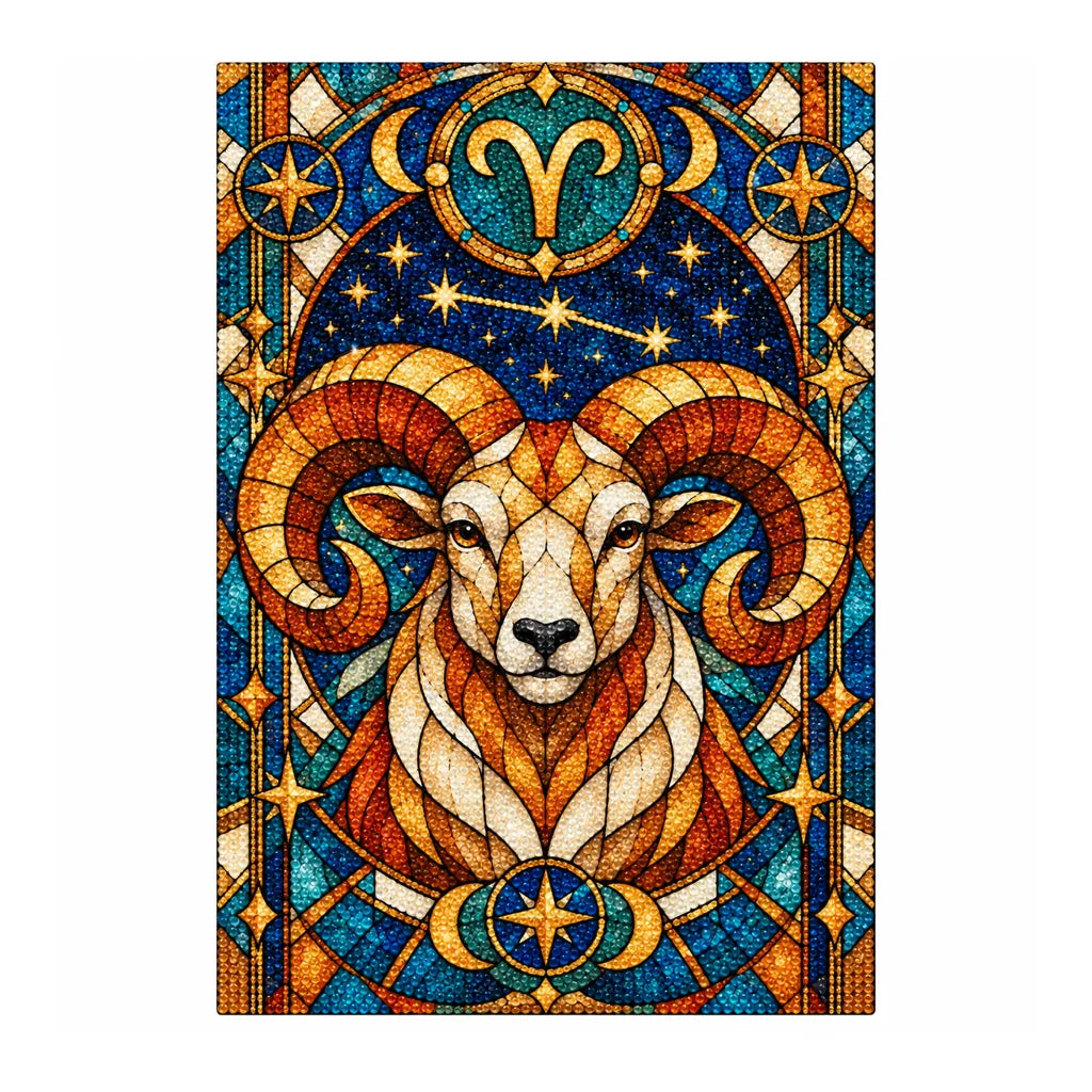 Finished white-background diamond painting of an Aries stained glass ram