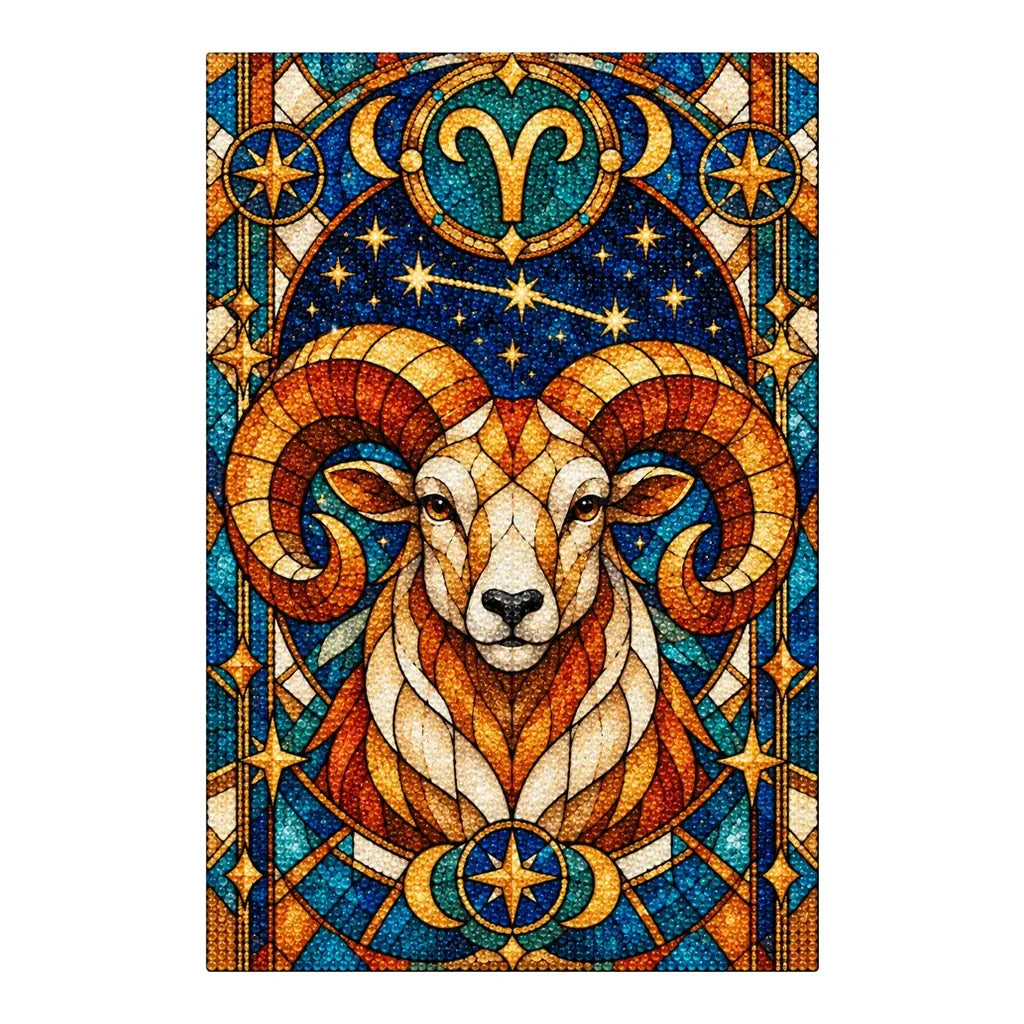 Finished white-background diamond painting of an Aries stained glass ram