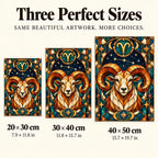 Size guide for the Aries ram diamond painting in three canvas sizes