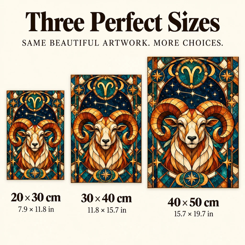 Size guide for the Aries ram diamond painting in three canvas sizes