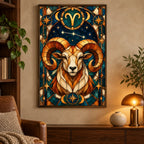 Framed Aries ram diamond painting displayed in a home interior