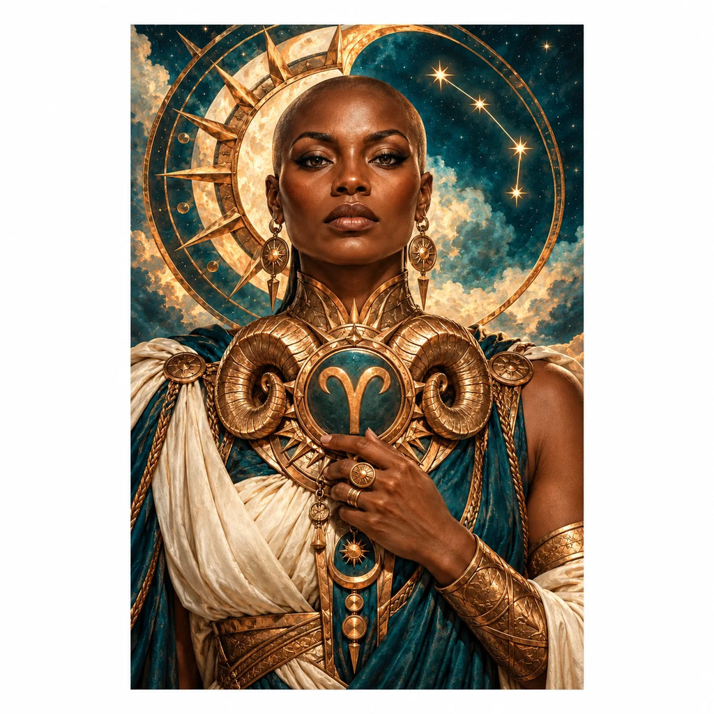 Original white-background artwork for Aries guardian and golden ram emblem