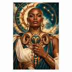 Original white-background artwork for Aries guardian and golden ram emblem