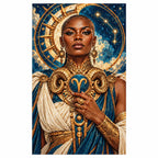 Finished white-background diamond painting for Aries guardian and golden ram emblem