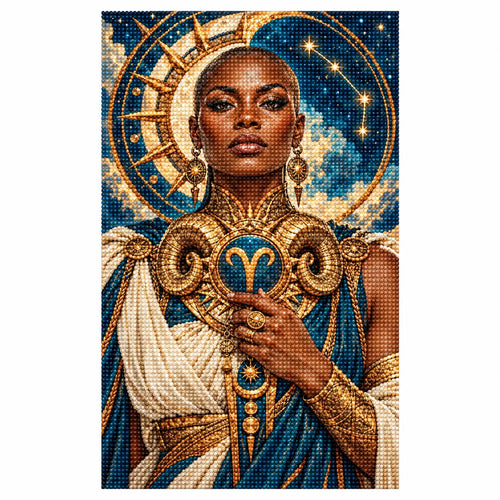 Finished white-background diamond painting for Aries guardian and golden ram emblem