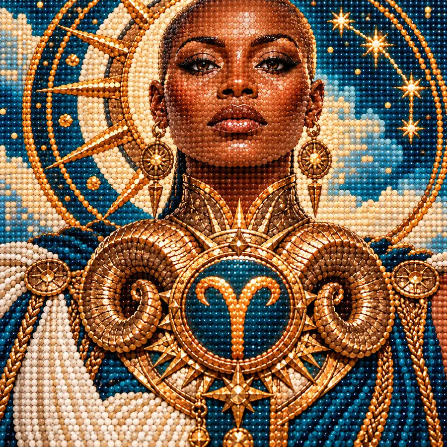 Close-up diamond detail for Aries guardian and golden ram emblem