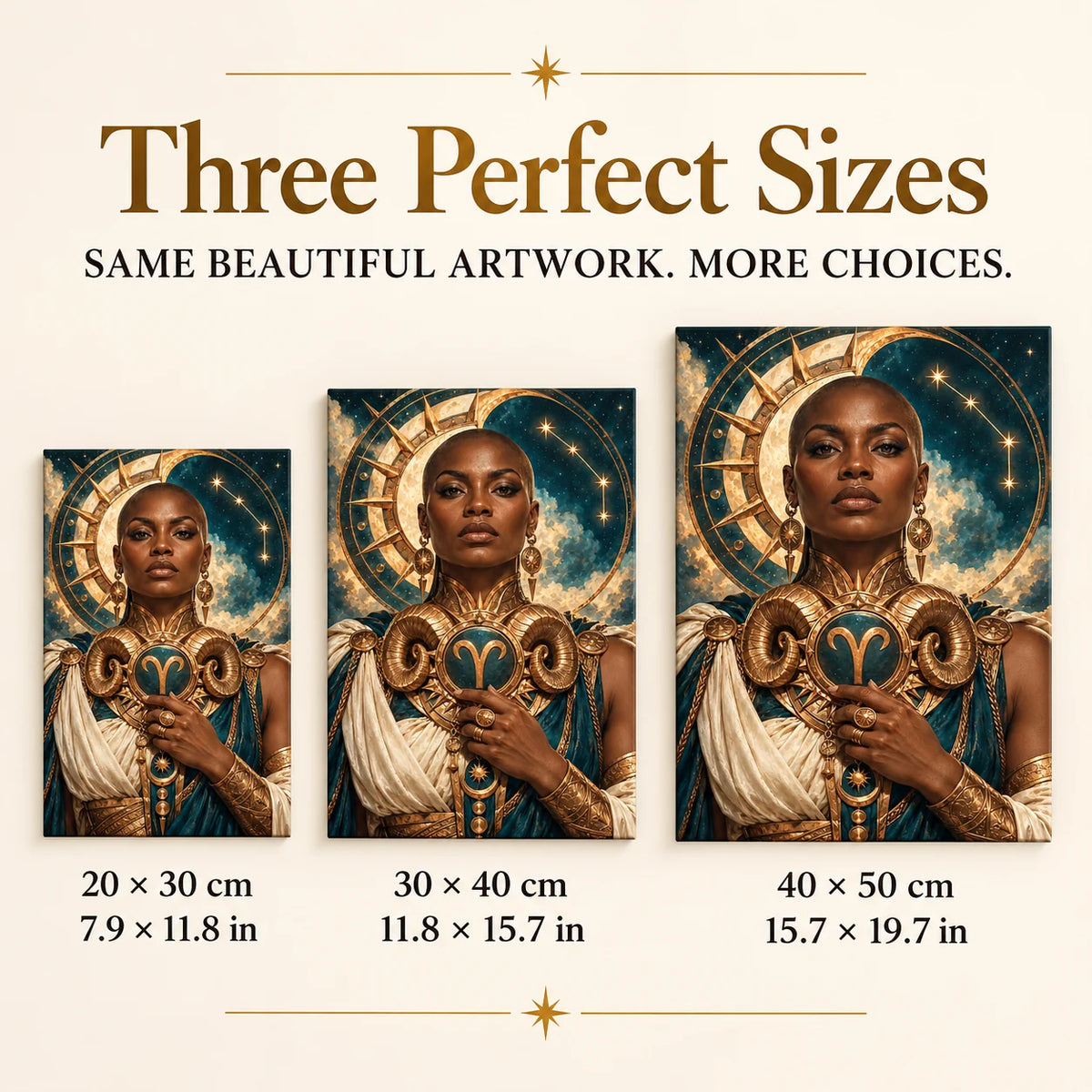 Three-size guide 20 × 30, 30 × 40, 40 × 50 cm for Aries guardian and golden ram emblem