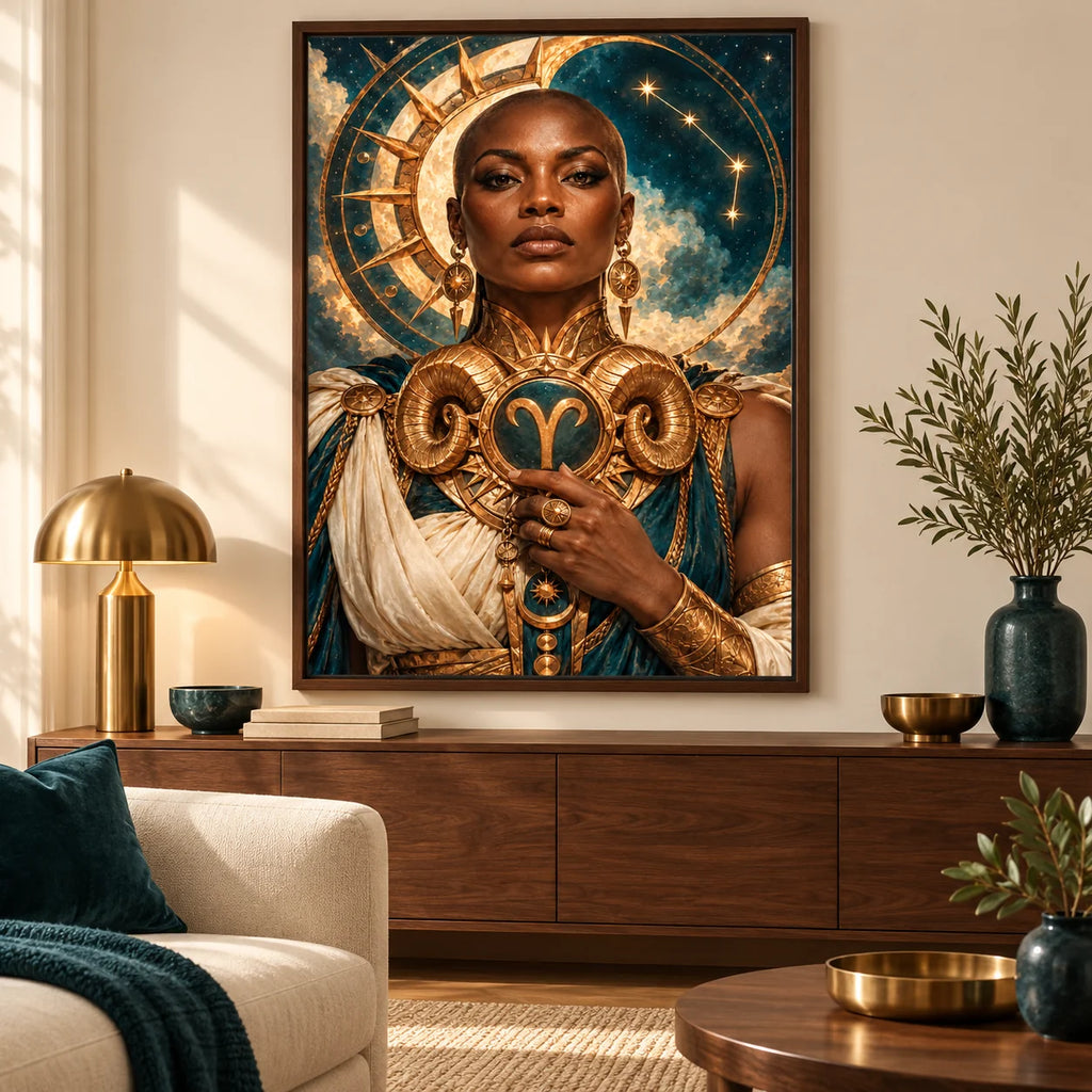 Framed home display for Aries guardian and golden ram emblem