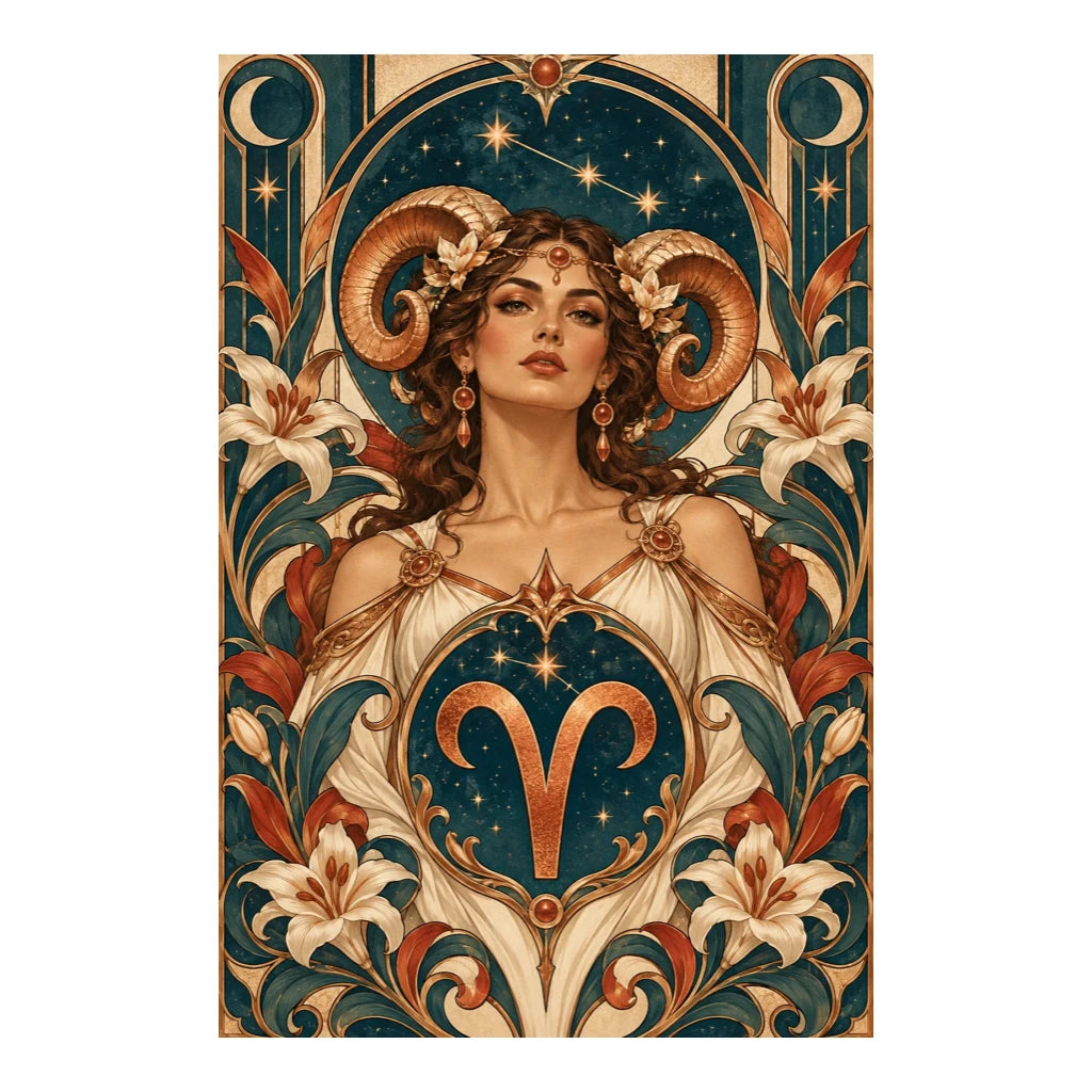 Aries Art Nouveau woman with ram horns diamond painting design on a white background