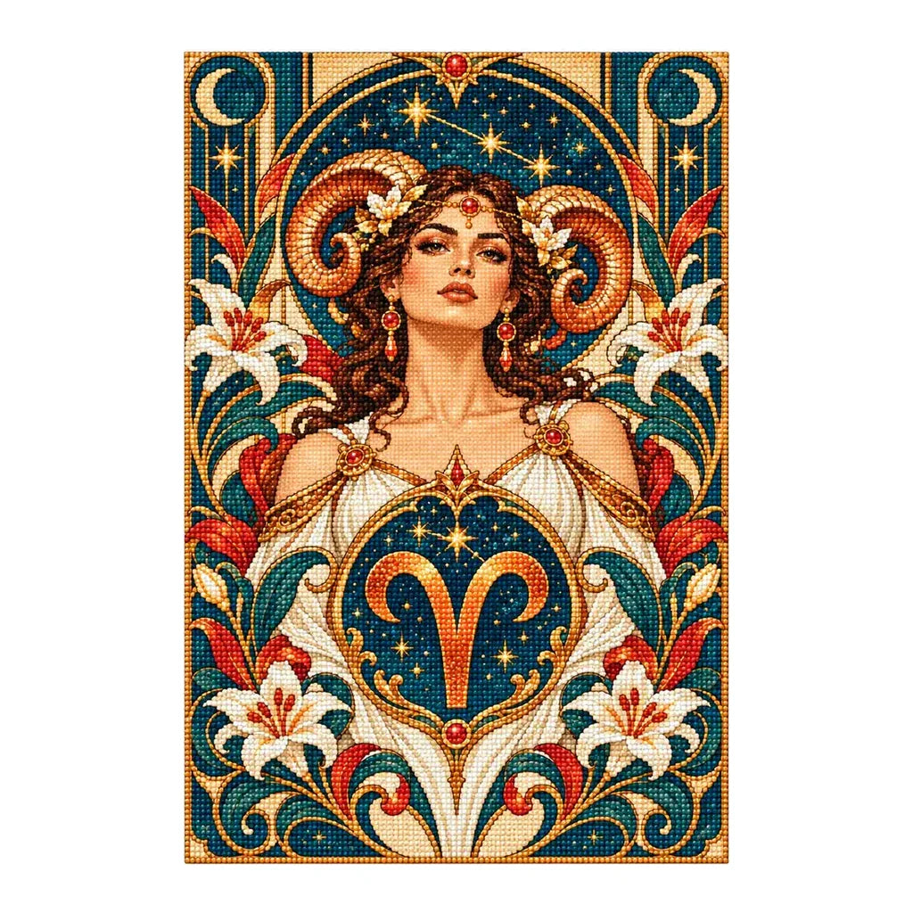Finished Aries Art Nouveau diamond painting with a woman, curled ram horns, Aries emblem, and lilies on a white background