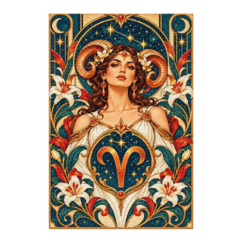 Finished Aries Art Nouveau diamond painting with a woman, curled ram horns, Aries emblem, and lilies on a white background
