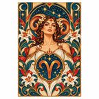 Finished Aries Art Nouveau diamond painting with a woman, curled ram horns, Aries emblem, and lilies on a white background