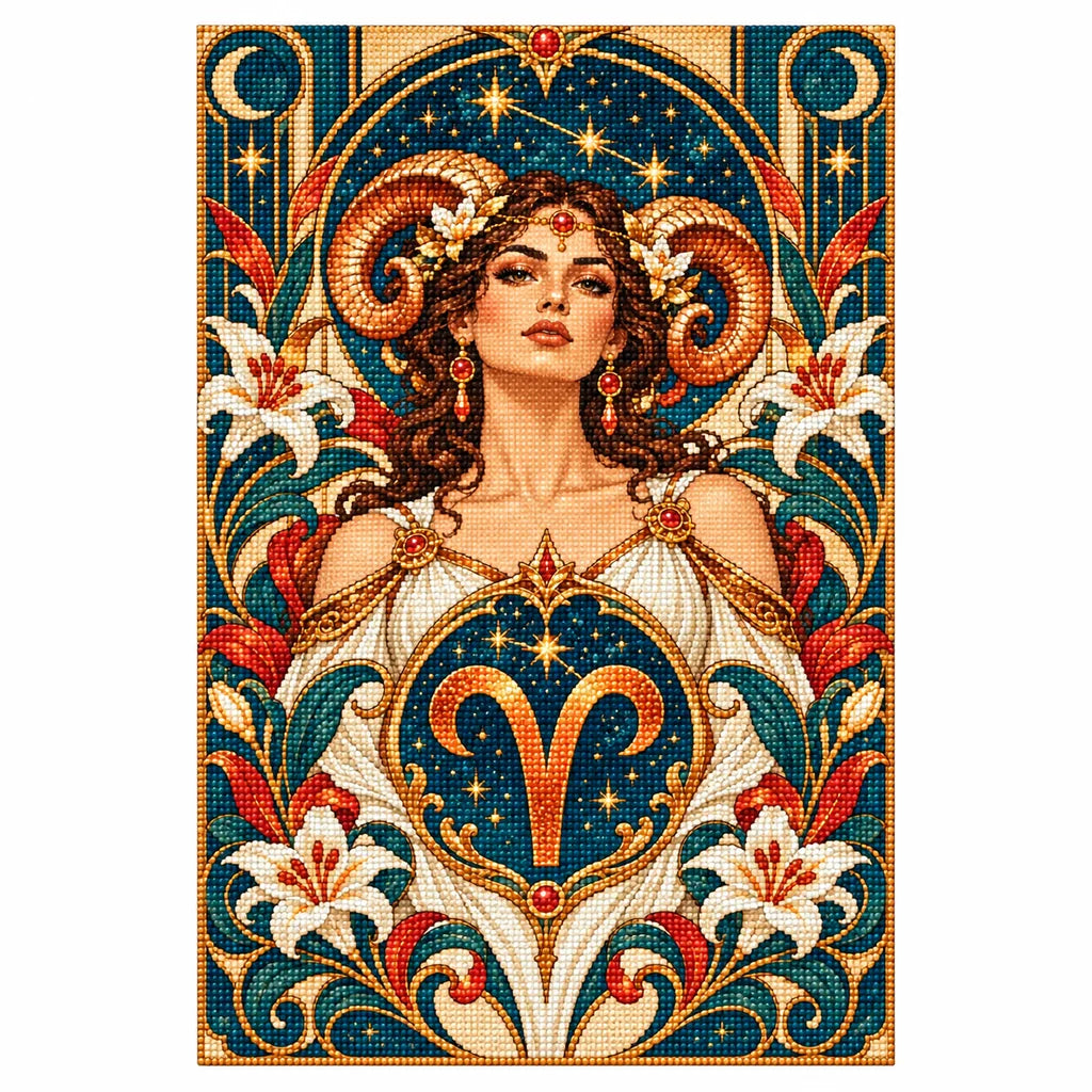 Finished Aries Art Nouveau diamond painting with a woman, curled ram horns, Aries emblem, and lilies on a white background