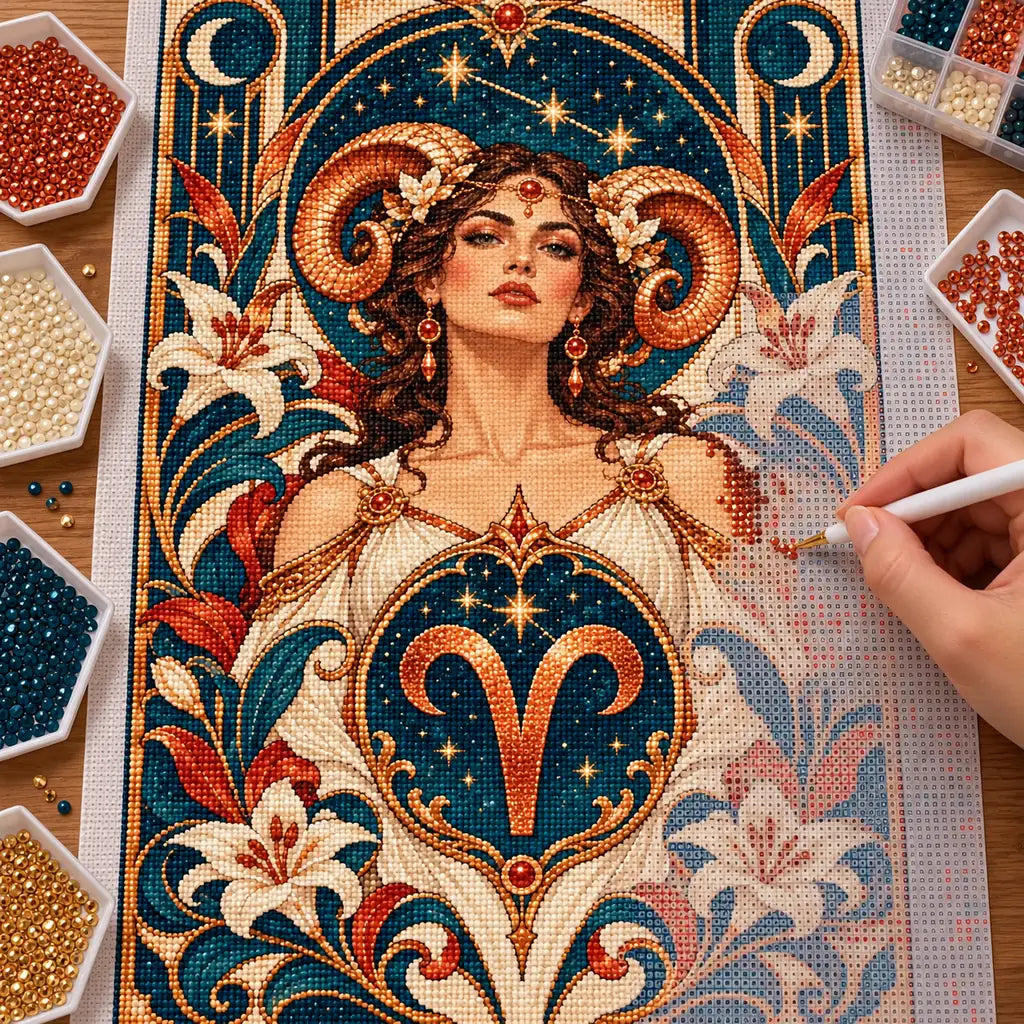Hands creating the Aries Art Nouveau woman diamond painting with round and square drills