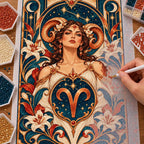 Hands creating the Aries Art Nouveau woman diamond painting with round and square drills