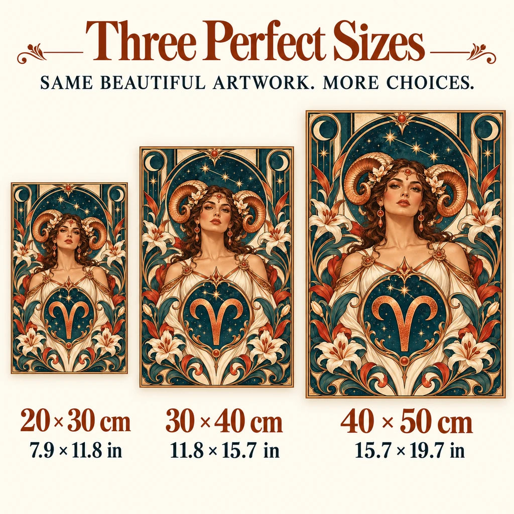 Aries Art Nouveau diamond painting size guide showing 20 by 30, 30 by 40, and 40 by 50 centimeters