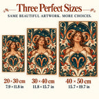 Aries Art Nouveau diamond painting size guide showing 20 by 30, 30 by 40, and 40 by 50 centimeters