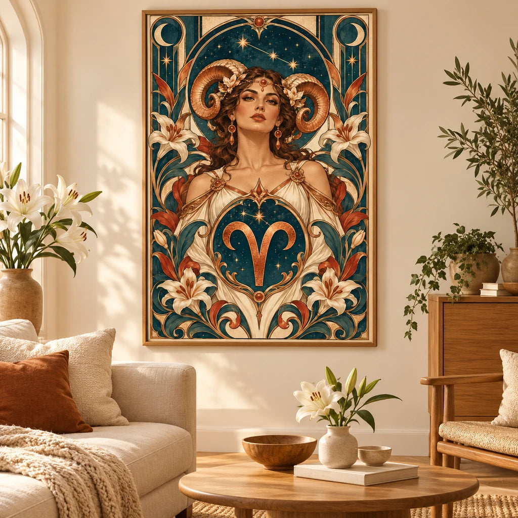 Aries Art Nouveau ram horn diamond painting displayed as home decor
