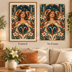 Aries Art Nouveau ram horn diamond painting shown framed and without a frame