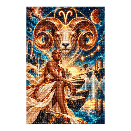 Finished white-background diamond painting of Aries Celestial Ram Oracle