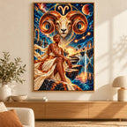 Framed Aries Celestial Ram Oracle diamond painting displayed in a home interior