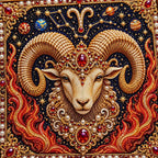 Close-up of glossy pearls and printed canvas in the aries design