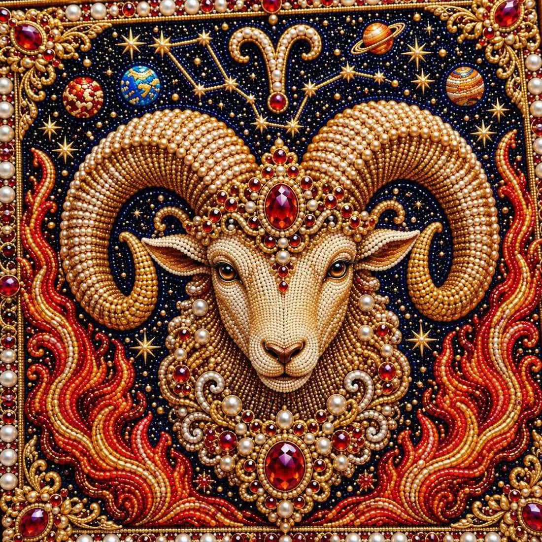 Close-up of glossy pearls and printed canvas in the aries design