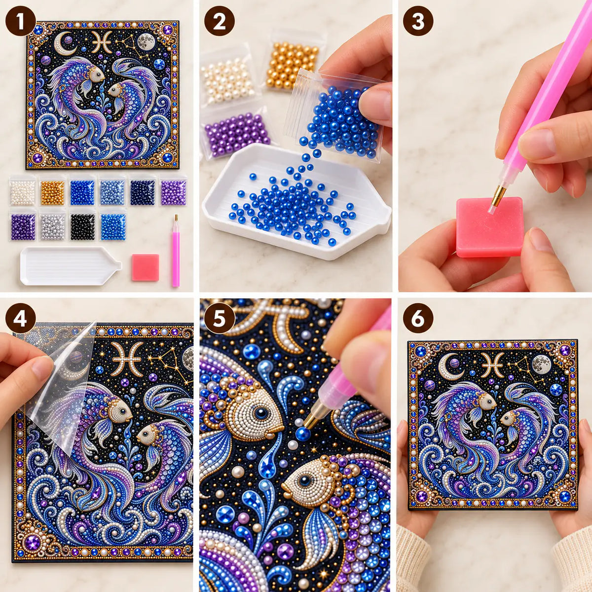 Six illustrated steps for placing pearls on the aries design