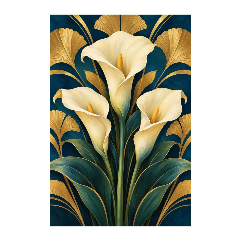 White-background original artwork of art deco calla lily fan