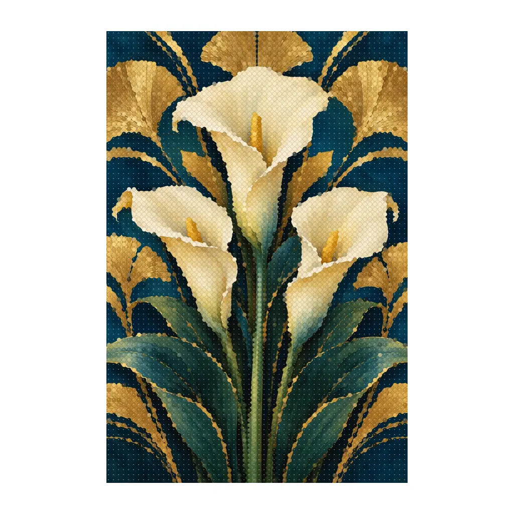 White-background finished diamond painting of art deco calla lily fan