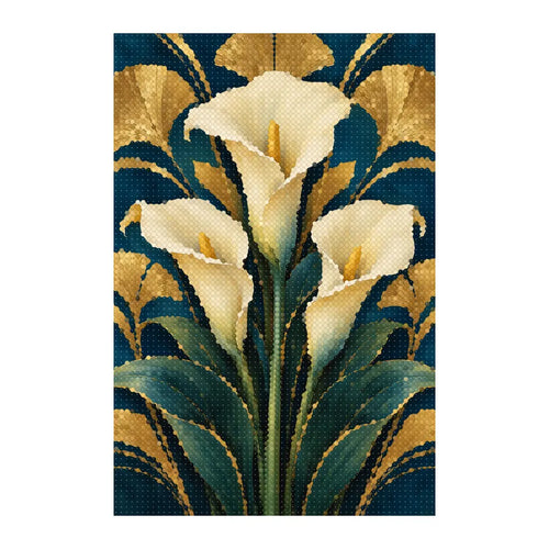 White-background finished diamond painting of art deco calla lily fan