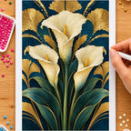 Hands placing drills on the art deco calla lily fan diamond painting canvas