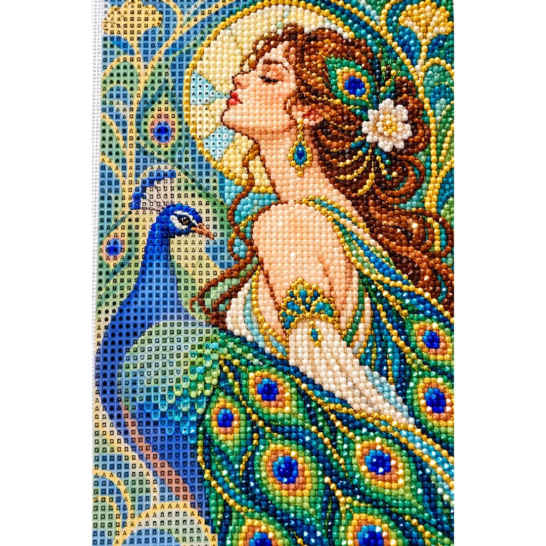 Art Nouveau Peacock Lady Diamond Painting Kit — canvas and drill material detail