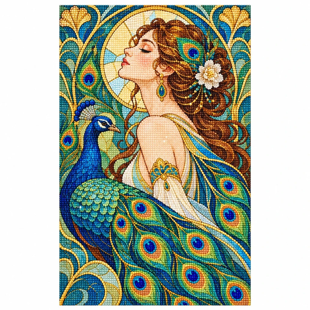 Art Nouveau Peacock Lady Diamond Painting Kit — finished diamond painting on white background