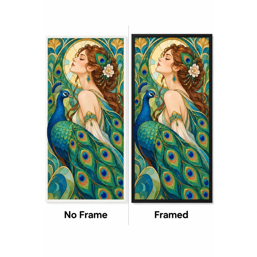 Art Nouveau Peacock Lady Diamond Painting Kit — No Frame and Framed style comparison