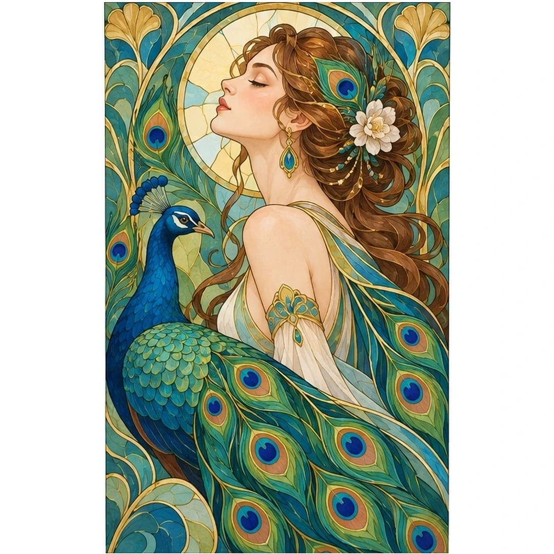 Art Nouveau Peacock Lady Diamond Painting Kit — original white-background artwork